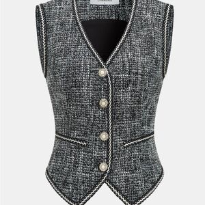 Commense Tweed V-Neck Sleeveless Vest with Pearl Accents
